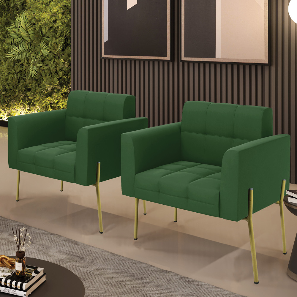 Poltrona Pé de Ferro Dourado para Sala Kit 2 Elisa Suede Verde D03 - D'Rossi