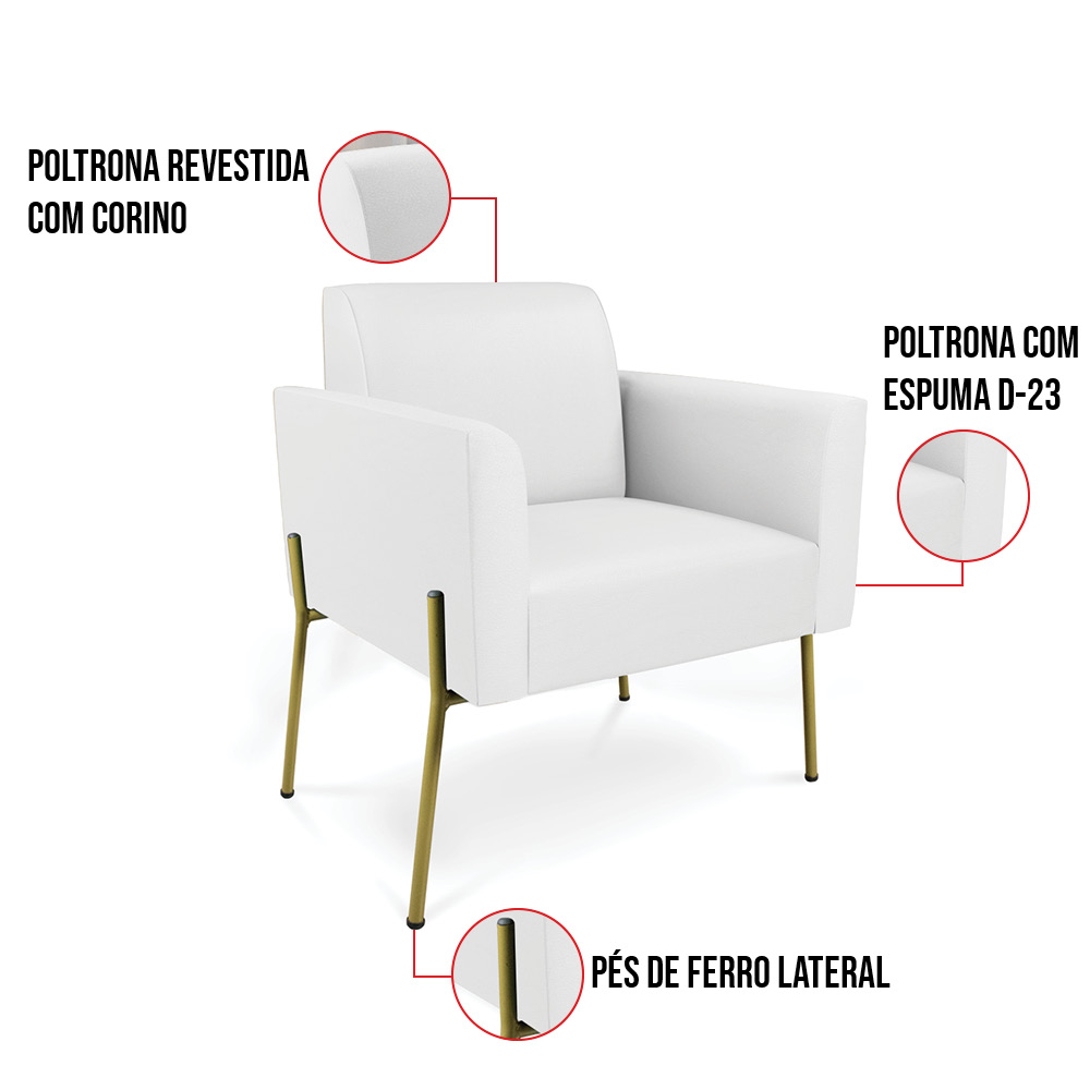 Poltrona Pé de Ferro Dourado para Sala Marisa Corino Branco D03 - D'Rossi