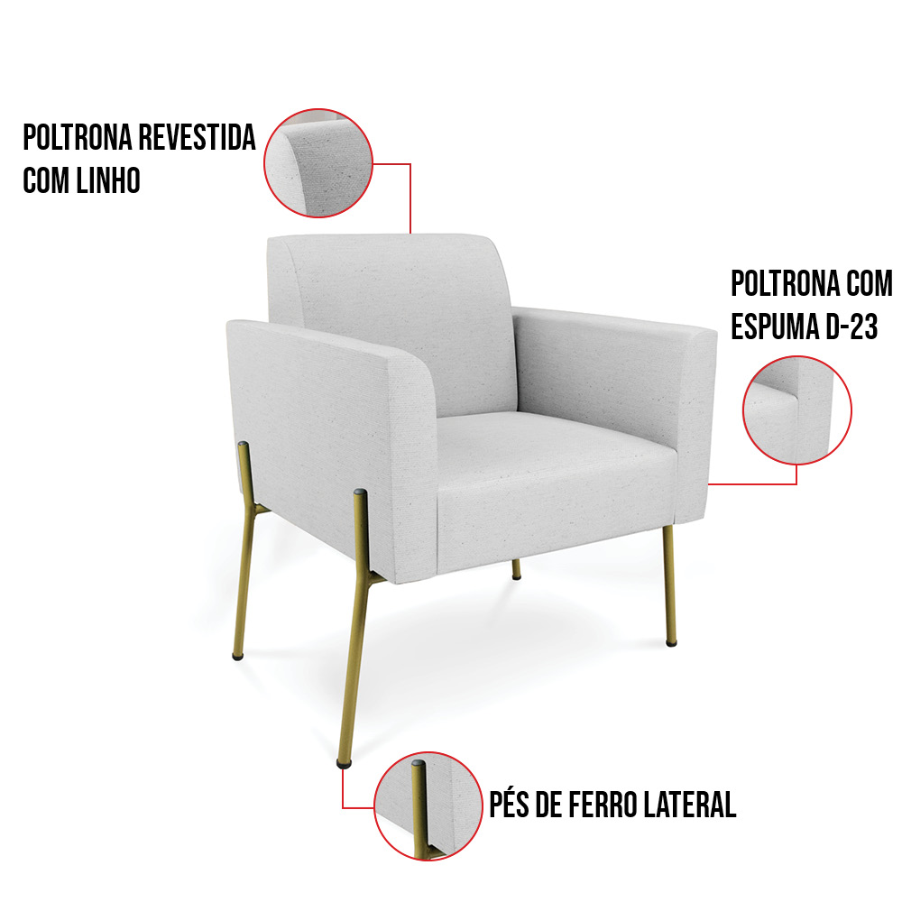 Poltrona Pé de Ferro Dourado para Sala Marisa Linho Cinza D03 - D'Rossi