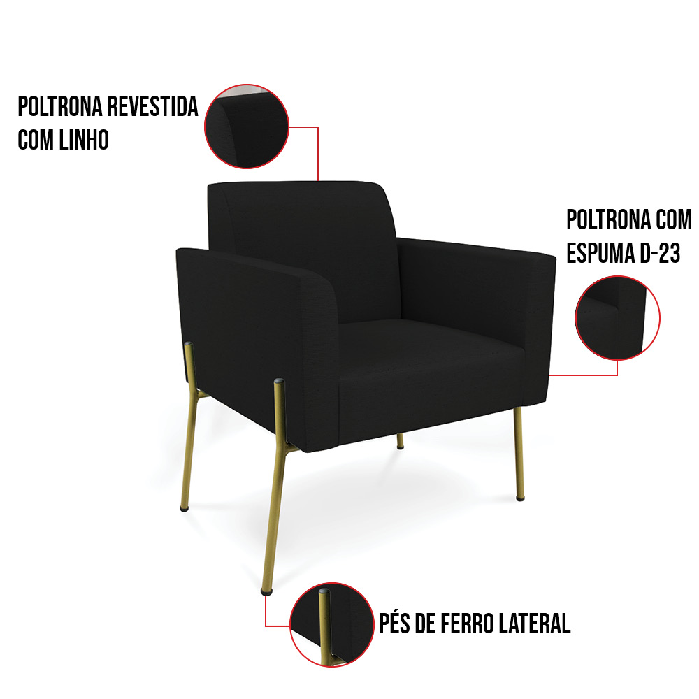 Poltrona Pé de Ferro Dourado para Sala Marisa Linho Preto D03 - D'Rossi