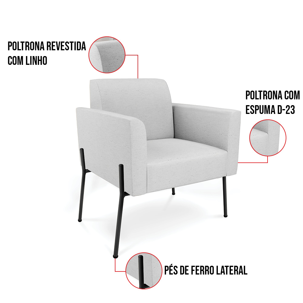 Poltrona Pé de Ferro Preto Kit 2 Decorativa Marisa Linho Cinza D03 - D'Rossi
