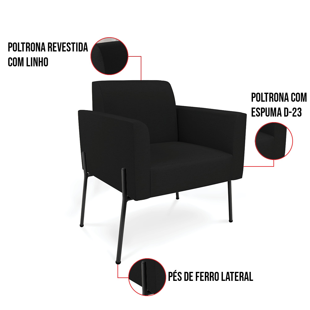 Poltrona Pé de Ferro Preto Kit 2 Decorativa Marisa Linho Preto D03 - D'Rossi