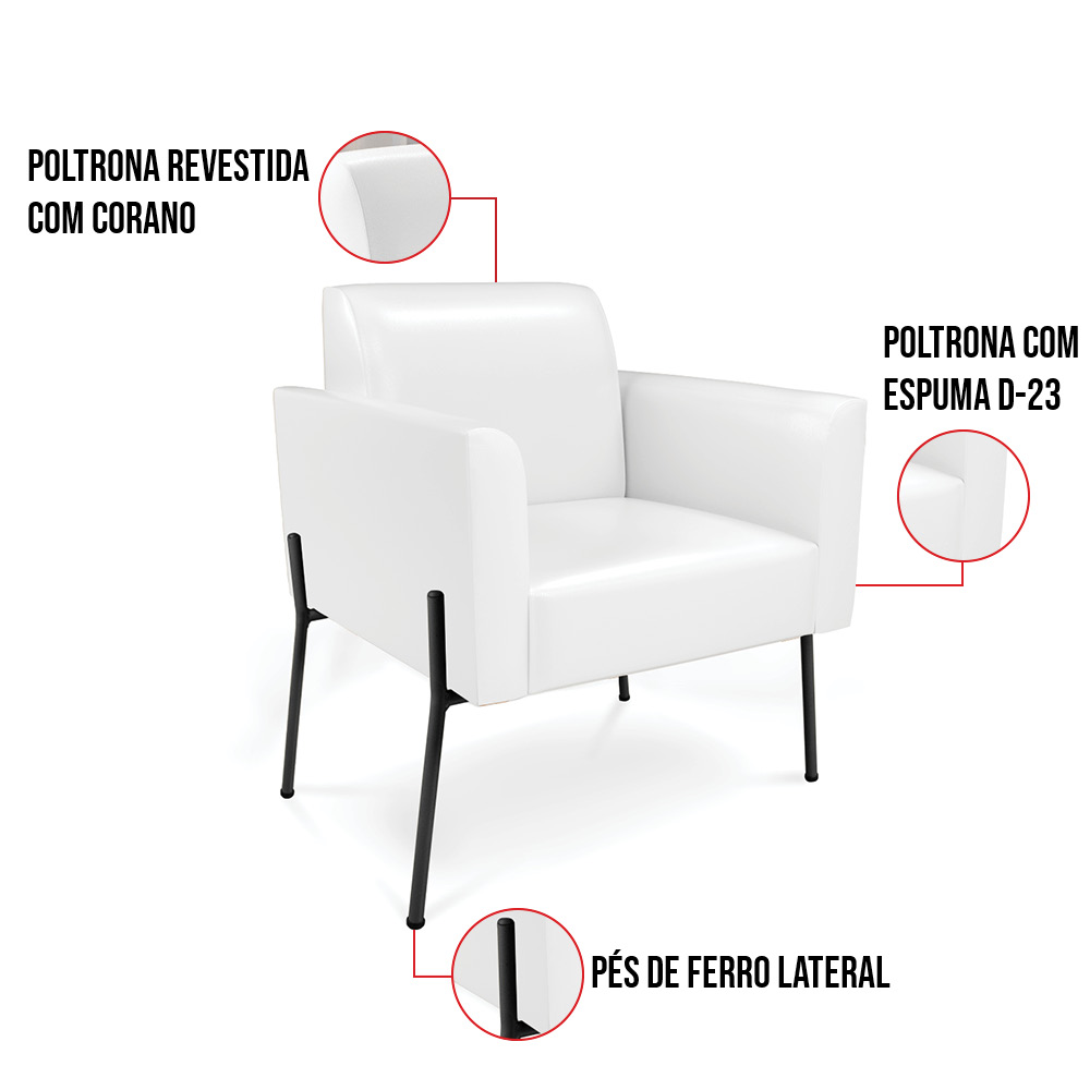 Poltrona Pé de Ferro Preto Kit 2 para Sala Marisa Corano Branco D03 - D'Rossi