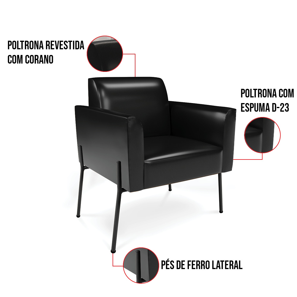 Poltrona Pé de Ferro Preto Kit 2 para Sala Marisa Corano Preto D03 - D'Rossi
