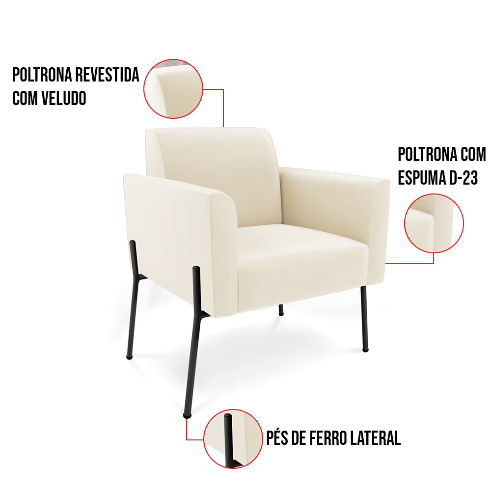 Poltrona Pé de Ferro Preto para Estúdio Marisa Veludo Bege D03 - D'Rossi