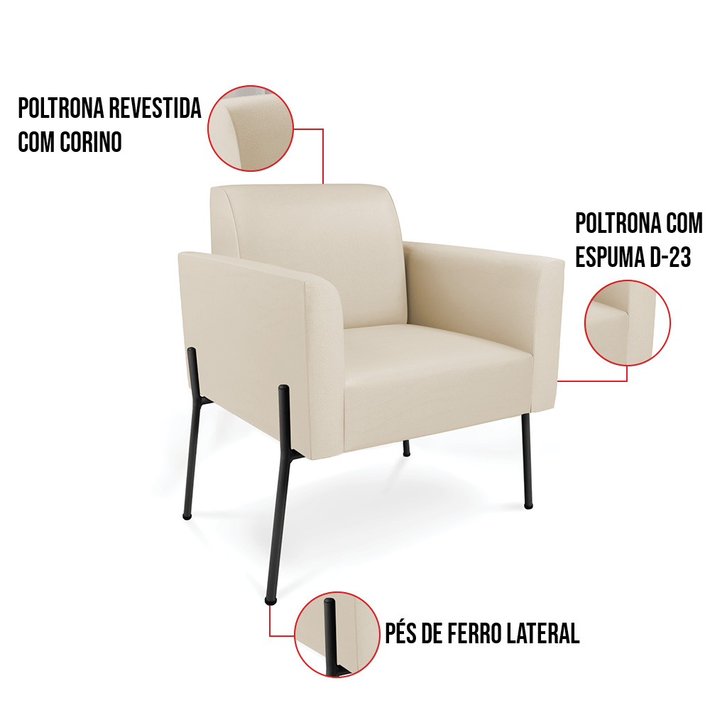 Poltrona Pé de Ferro Preto para Recepção Marisa Corino Bege D03 - D'Rossi