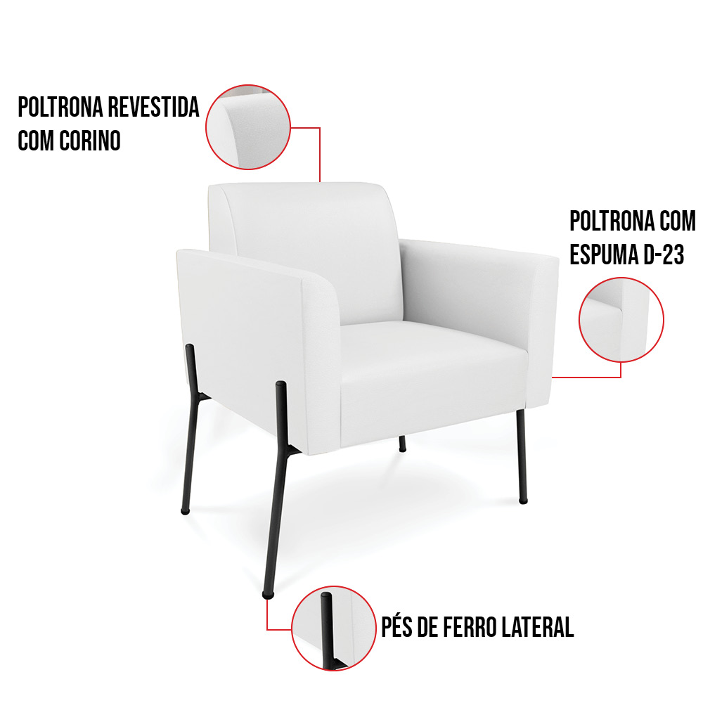 Poltrona Pé de Ferro Preto para Recepção Marisa Corino Branco D03 - D'Rossi