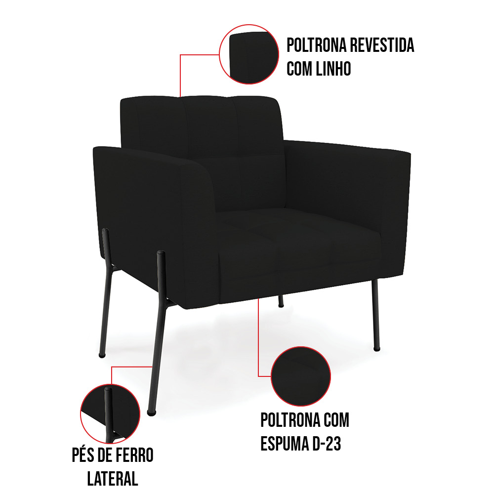 Poltrona Pé de Ferro Preto para Sala Elisa Linho Preto A79 D03 - D'Rossi