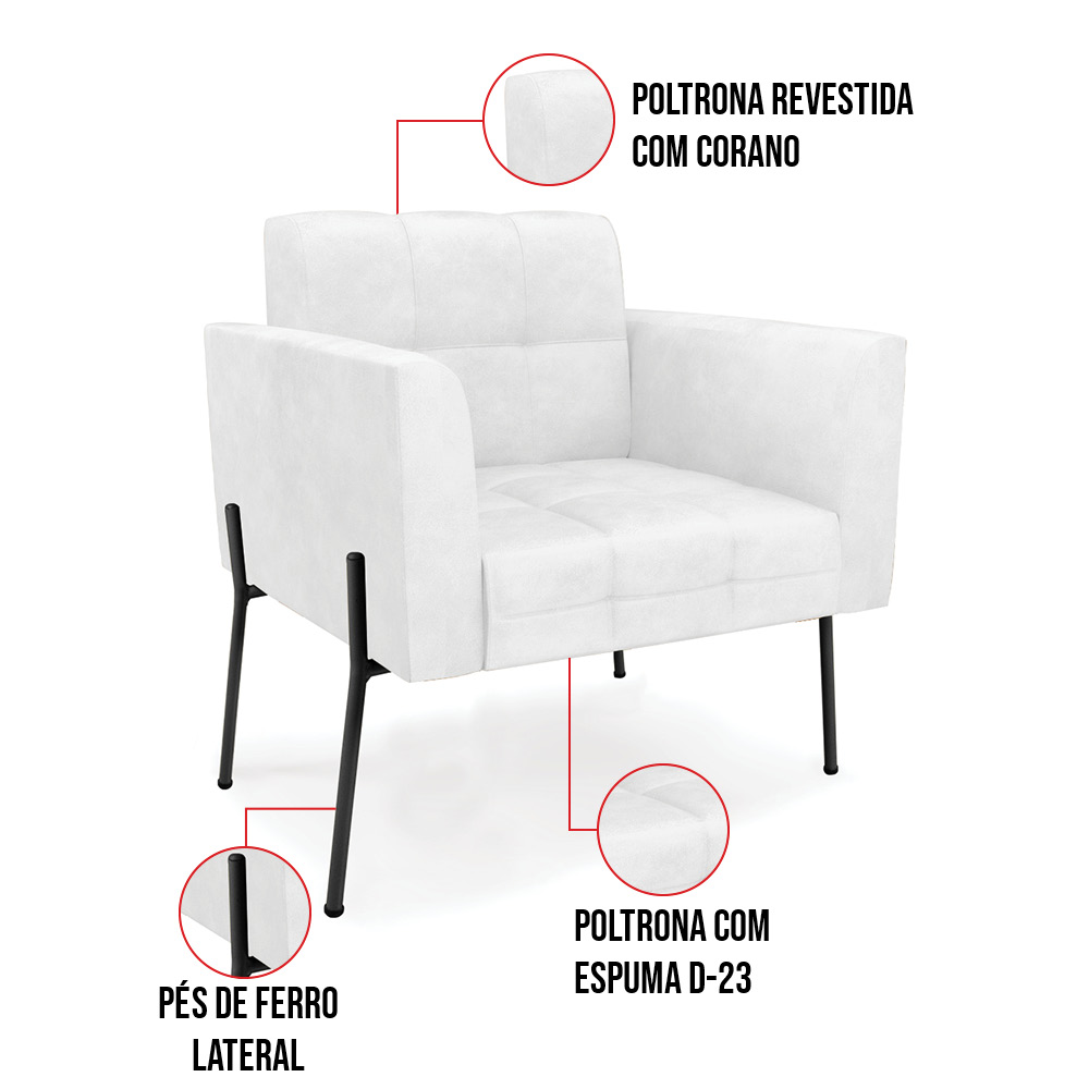 Poltrona Pé de Ferro Preto para Sala Kit 2 Elisa Corano Branco D03 - D'Rossi