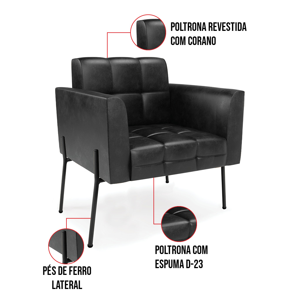Poltrona Pé de Ferro Preto para Sala Kit 2 Elisa Corano Preto D03 - D'Rossi
