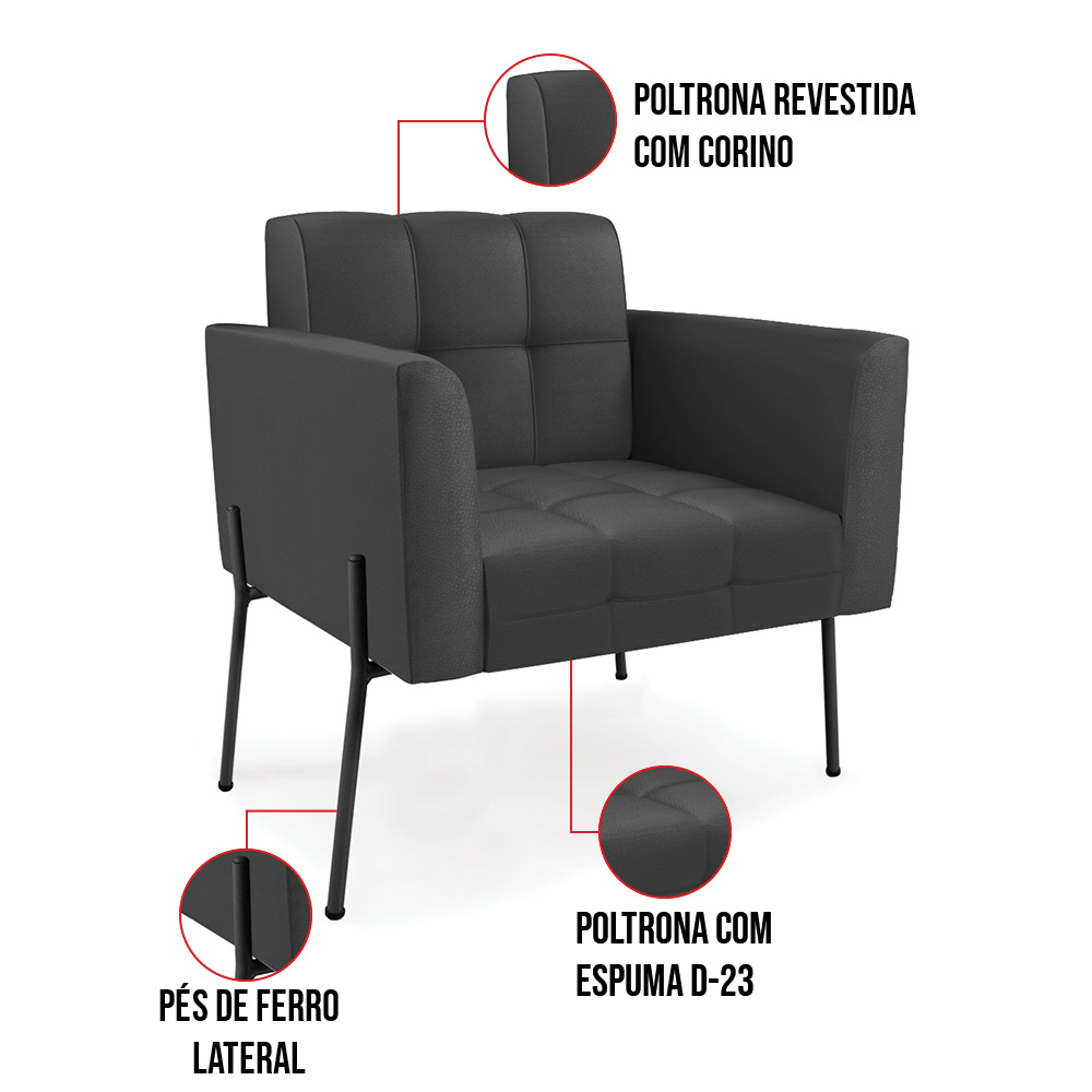 Poltrona Pé de Ferro Preto para Sala Kit 2 Elisa Corino Preto D03 - D'Rossi