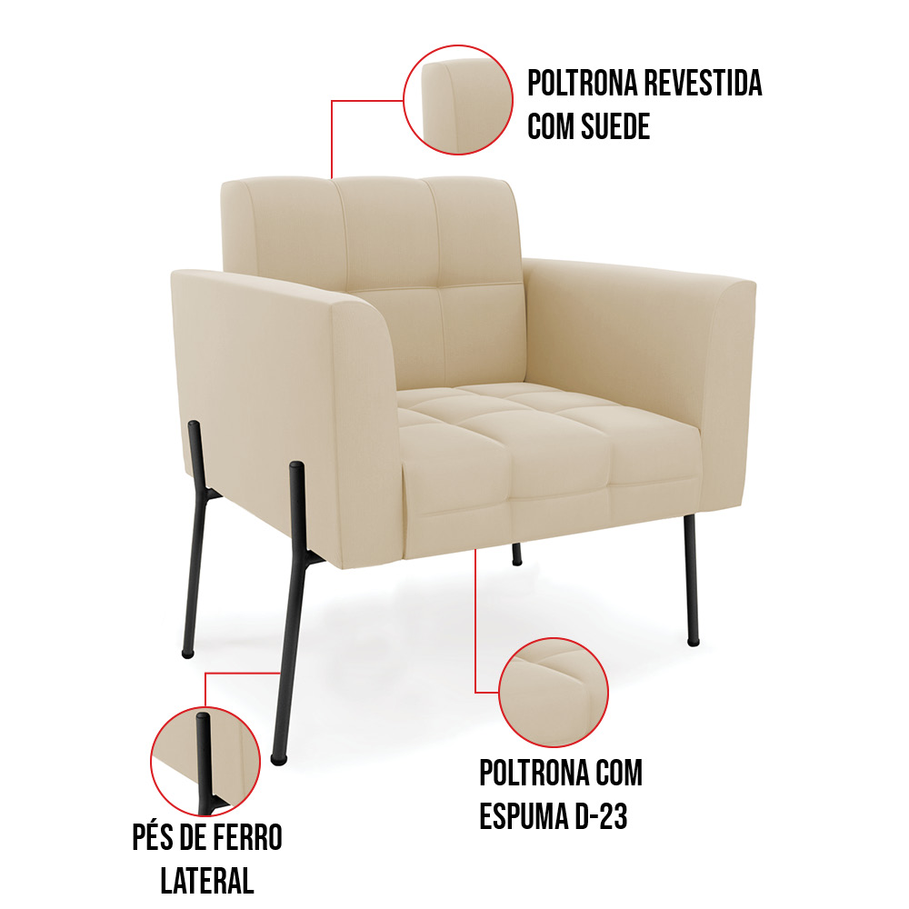 Poltrona Pé de Ferro Preto para Sala Kit 2 Elisa Suede Bege D03 - D'Rossi