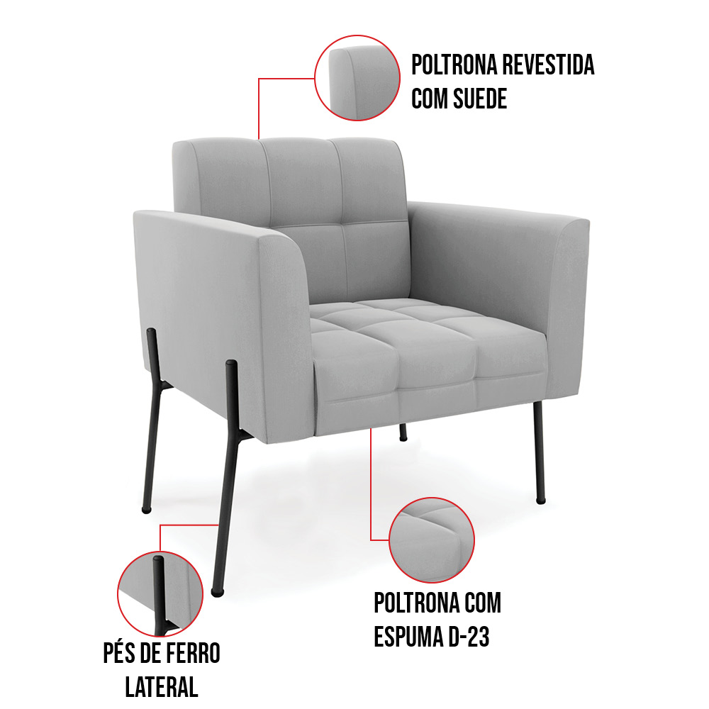 Poltrona Pé de Ferro Preto para Sala Kit 2 Elisa Suede Cinza D03 - D'Rossi