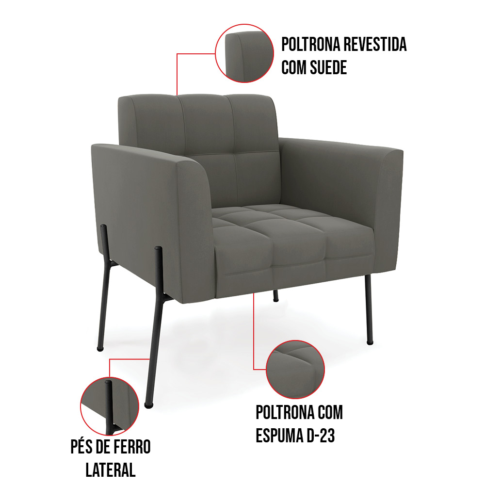 Poltrona Pé de Ferro Preto para Sala Kit 2 Elisa Suede Grafite D03 - D'Rossi