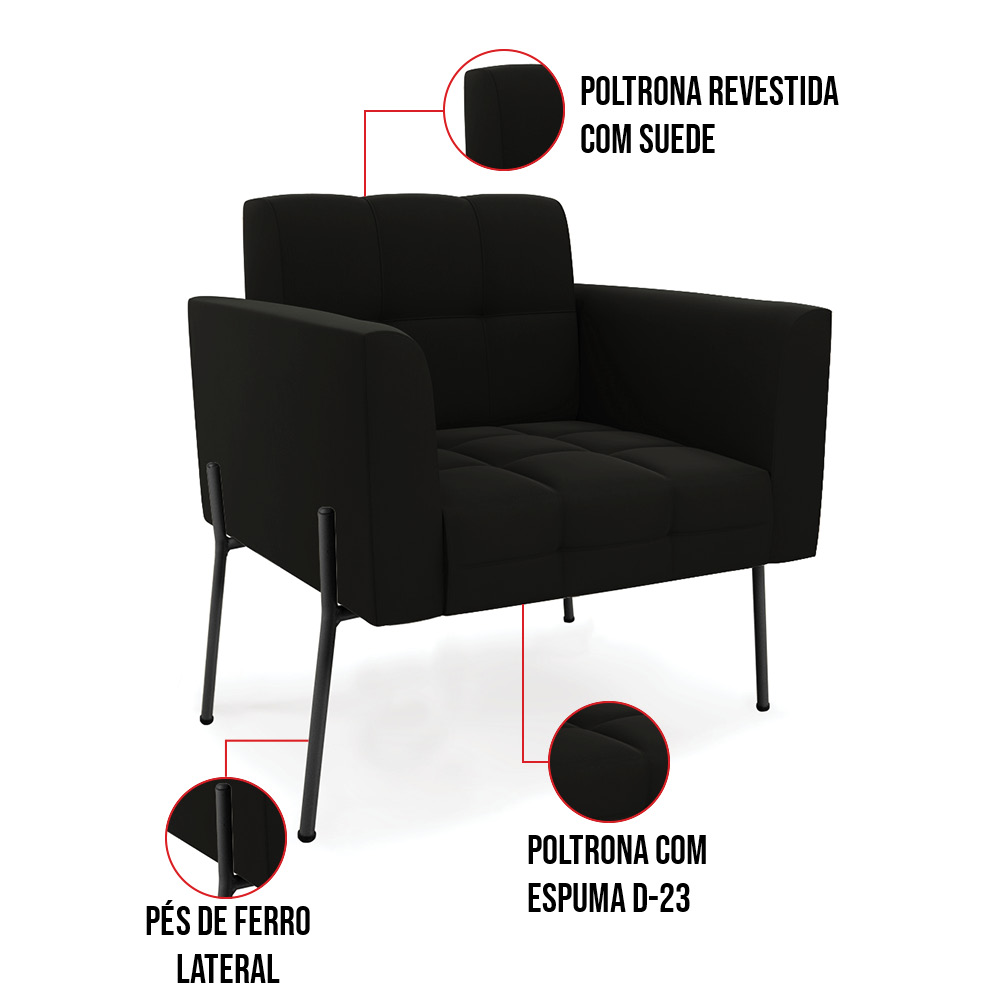 Poltrona Pé de Ferro Preto para Sala Kit 2 Elisa Suede Preto D03 - D'Rossi