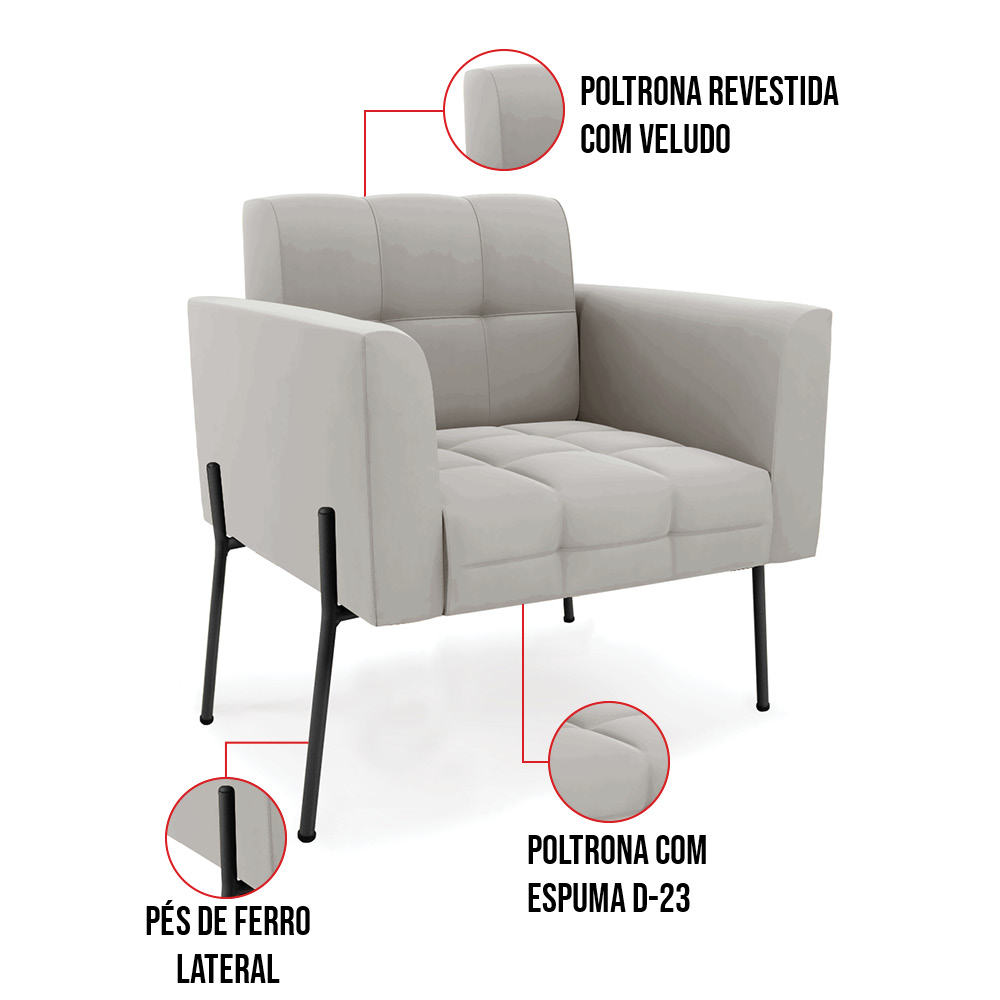 Poltrona Pé de Ferro Preto para Sala Kit 2 Elisa Veludo Cinza D03 - D'Rossi