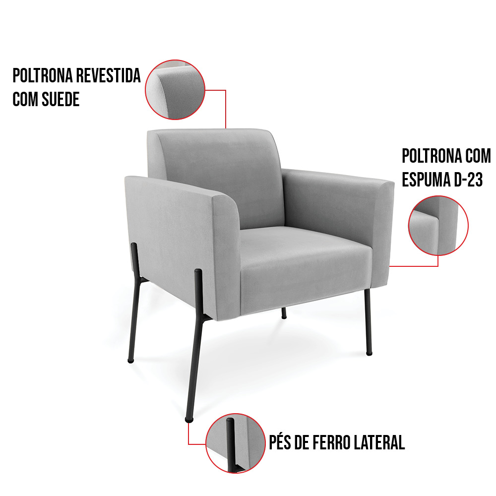 Poltrona Pé de Ferro Preto para Sala Kit 2 Marisa Suede Cinza D03 - D'Rossi