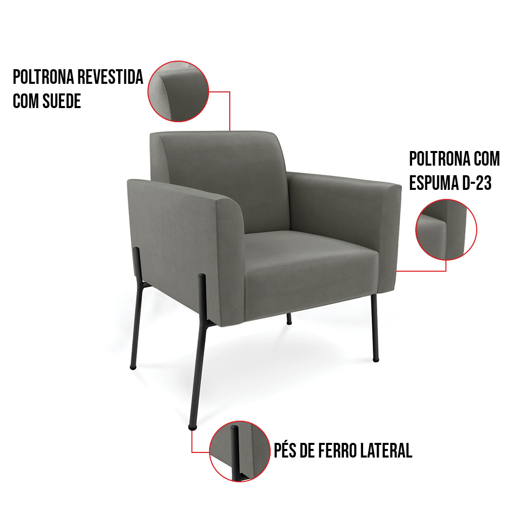 Poltrona Pé de Ferro Preto para Sala Kit 2 Marisa Suede Grafite D03 - D'Rossi