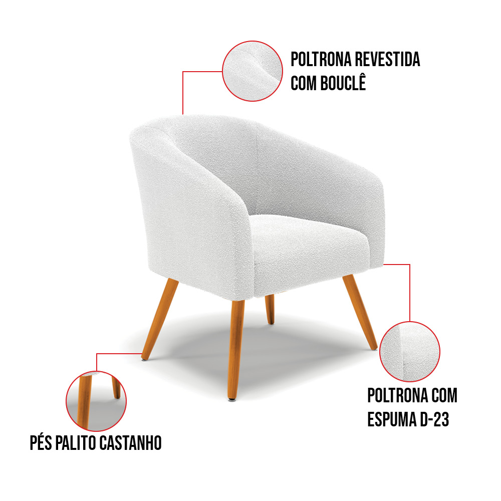 Poltrona Para Sala Pé Palito Castanho Kit 2 Stella Bouclê Off Wte D03 - D'Rossi