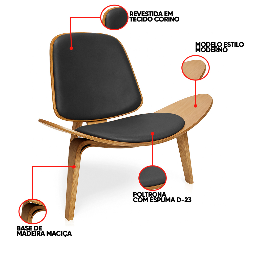 Poltrona Shell Corino Preto D'Rossi