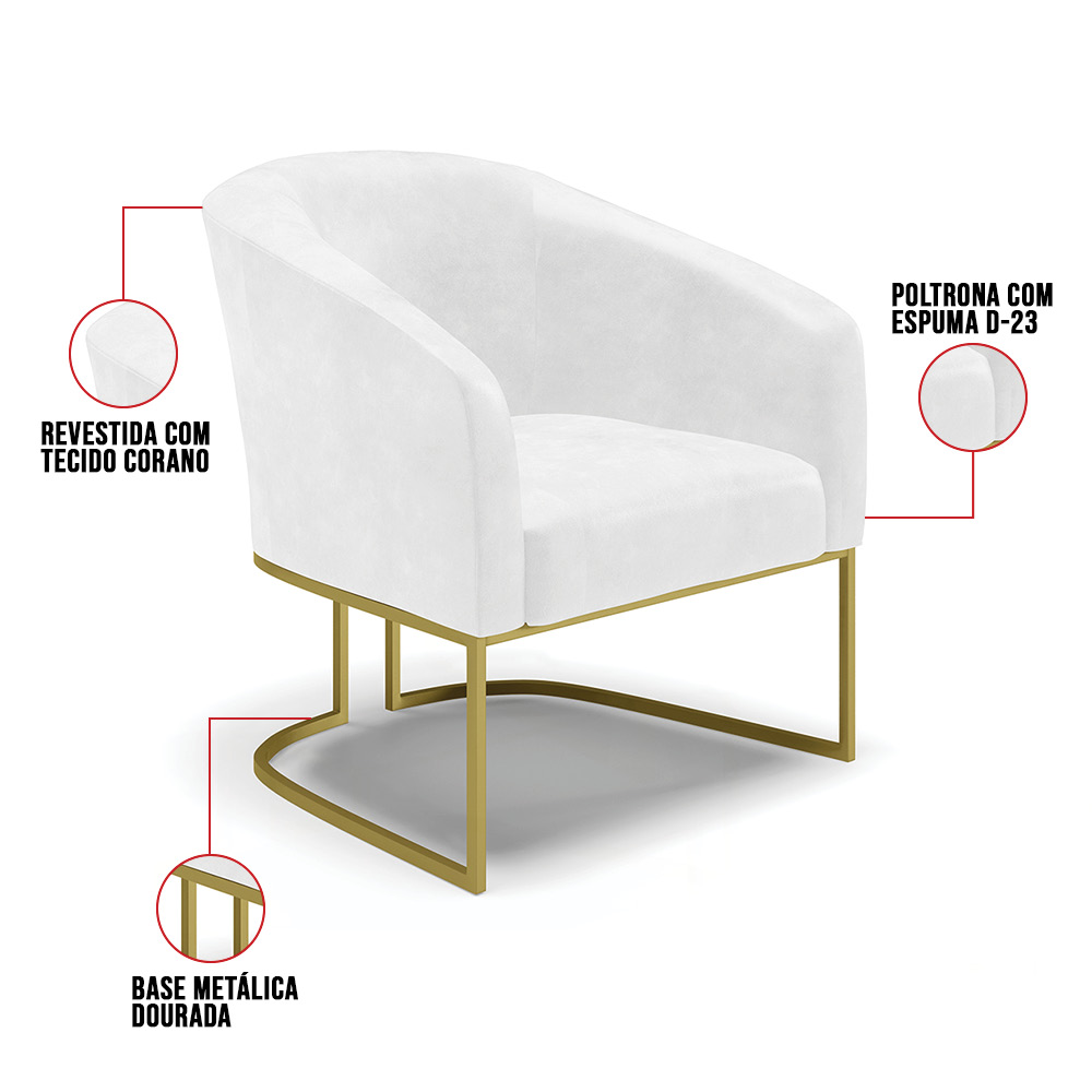 Poltrona Stella Corano Branco Base Metálica Industrial Dourado - D'Rossi