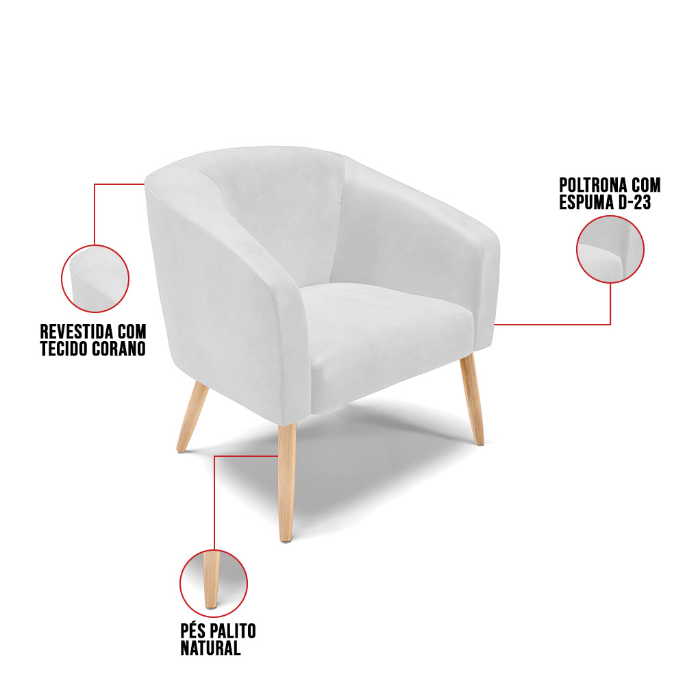 Poltrona Stella Corano Branco Pés Palito Natural - D'Rossi
