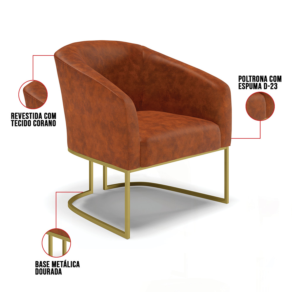 Poltrona Stella Corano Nozes Base Metálica Industrial Dourado - D'Rossi