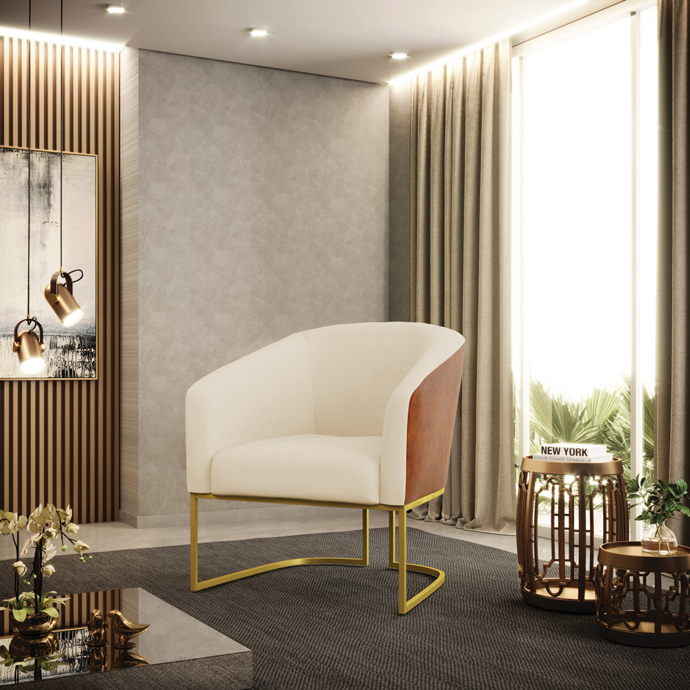Poltrona Stella Corano Nozes com Linho Bege A19 Base Metálica Industrial Dourado - D'Rossi