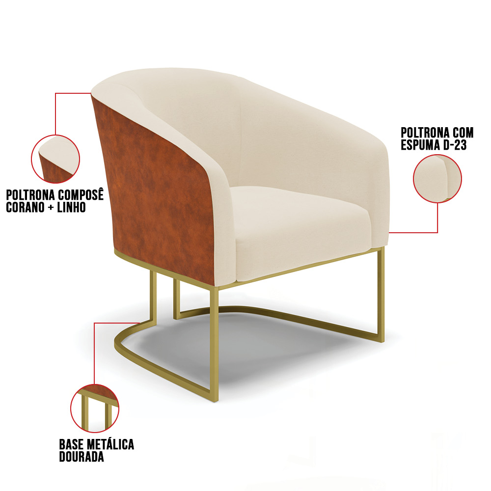 Poltrona Stella Corano Nozes com Linho Bege A19 Base Metálica Industrial Dourado - D'Rossi