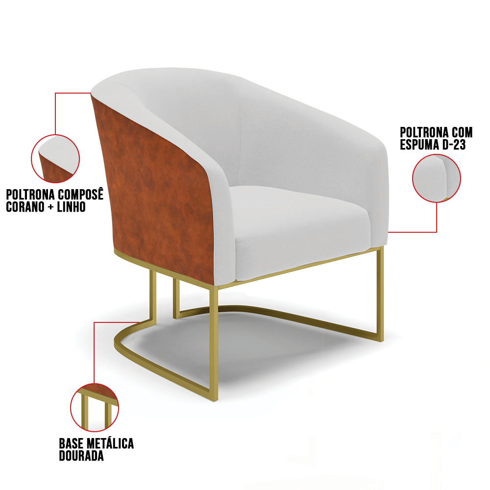 Poltrona Stella Corano Nozes com Linho Cinza A05 Base Metálica Industrial Dourado - D'Rossi