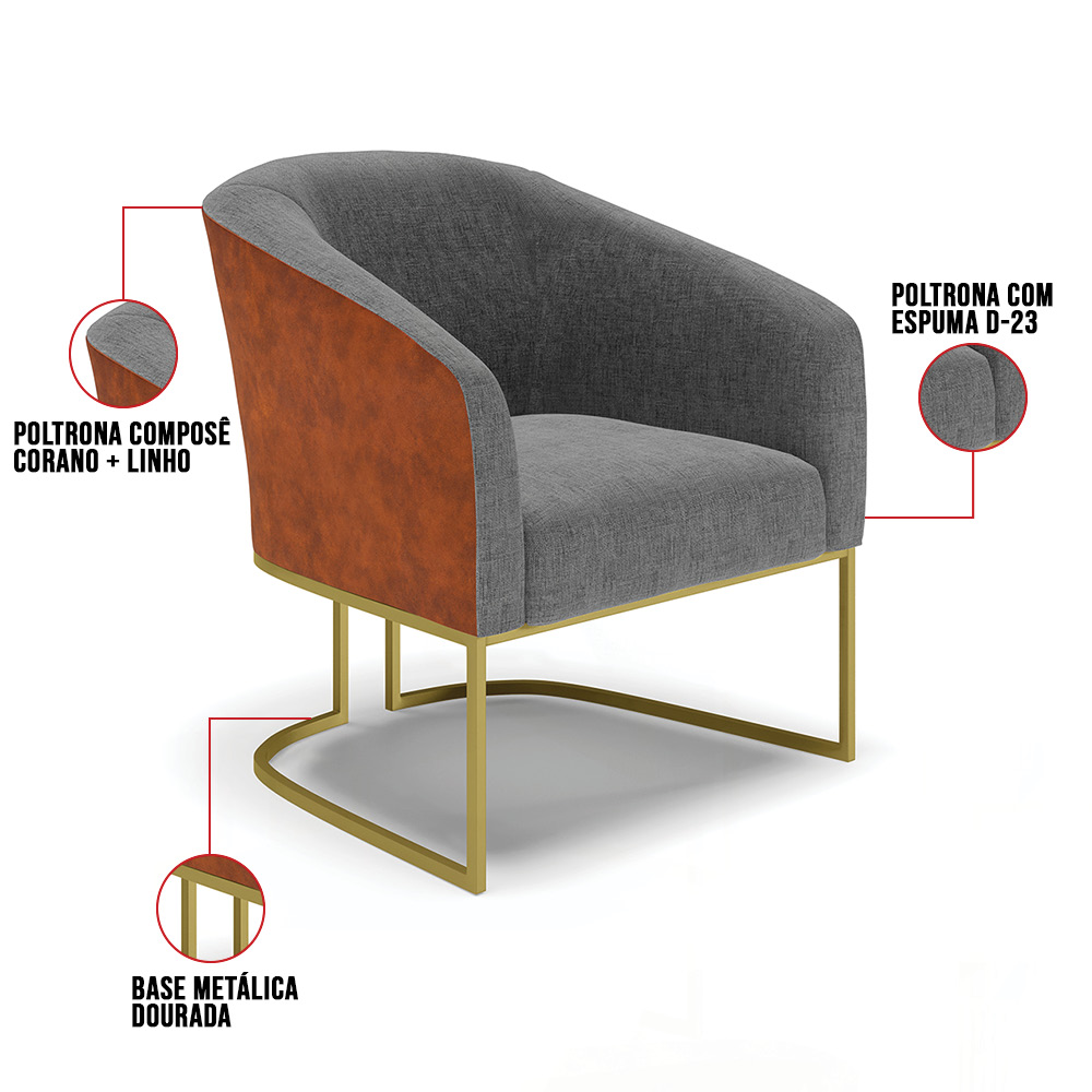 Poltrona Stella Corano Nozes com Linho Grafite A26 Base Metálica Industrial Dourado - D'Rossi