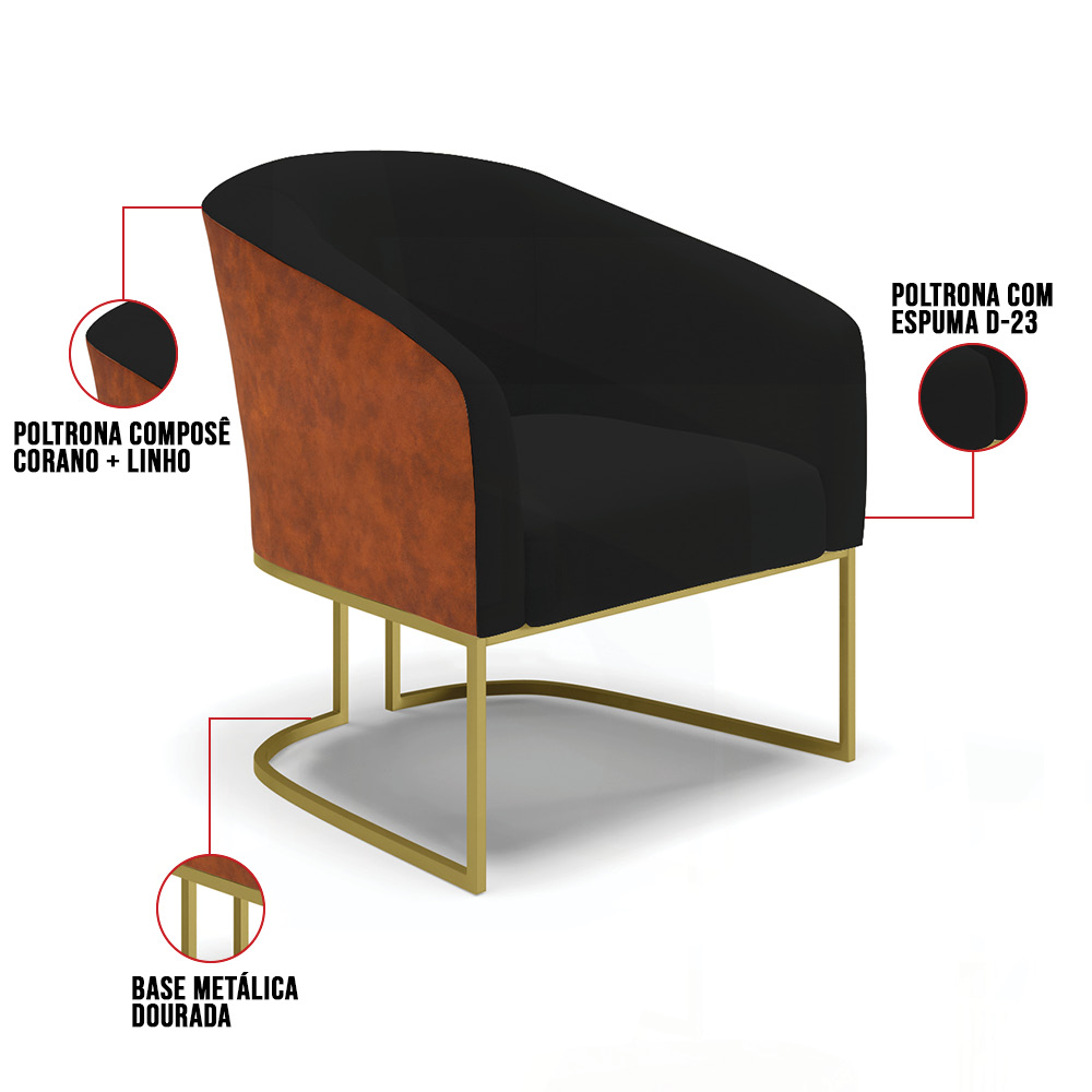 Poltrona Stella Corano Nozes com Linho Preto A79 Base Metálica Industrial Dourado - D'Rossi