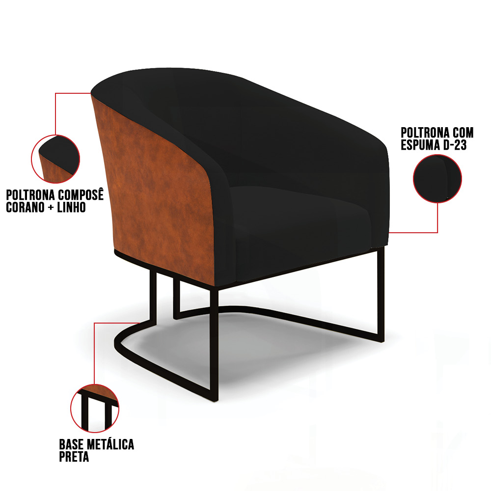 Poltrona Stella Corano Nozes com Linho Preto A79 Base Metálica Industrial Preto - D'Rossi