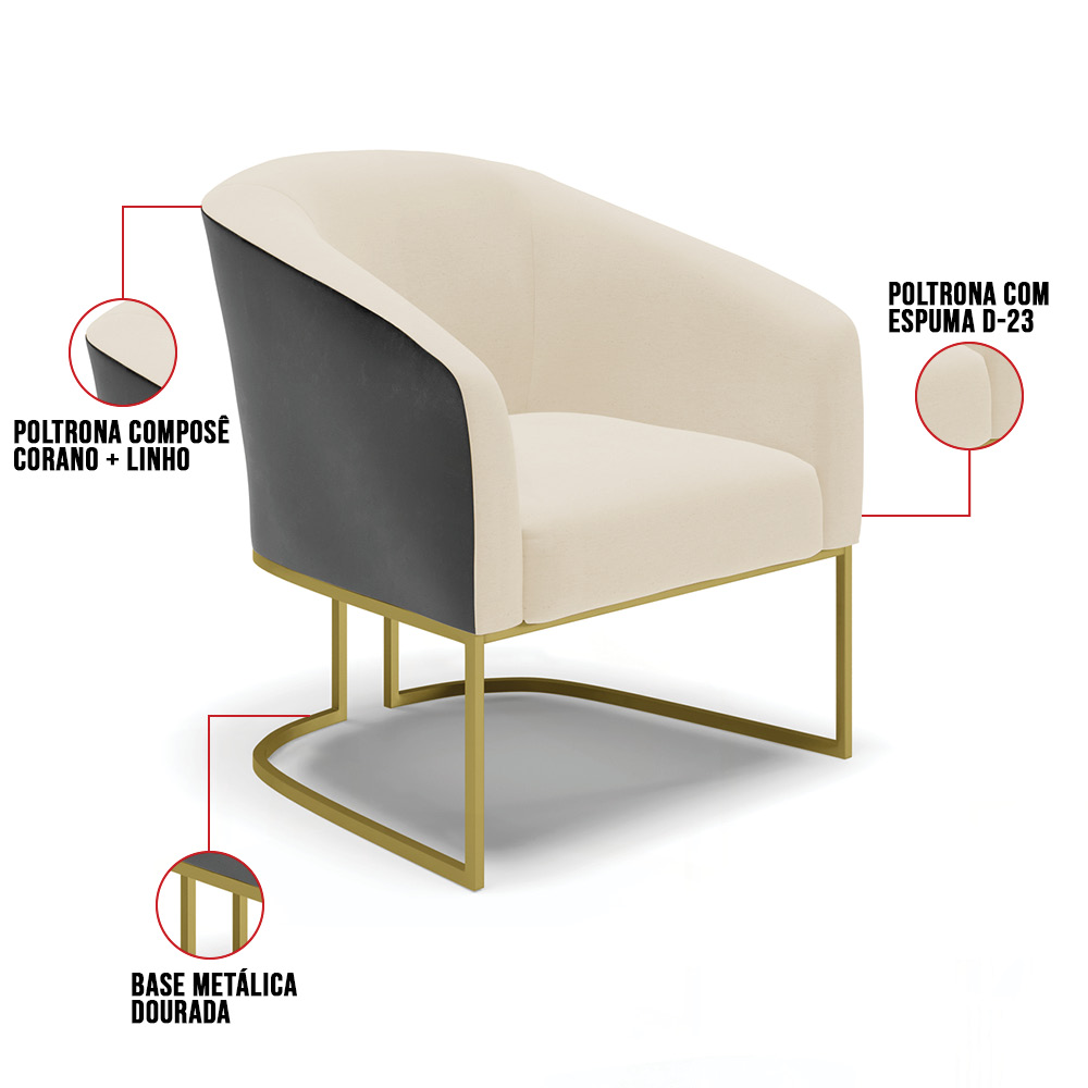 Poltrona Stella Corano Preto com Linho Bege A19 Base Metálica Industrial Dourado - D'Rossi