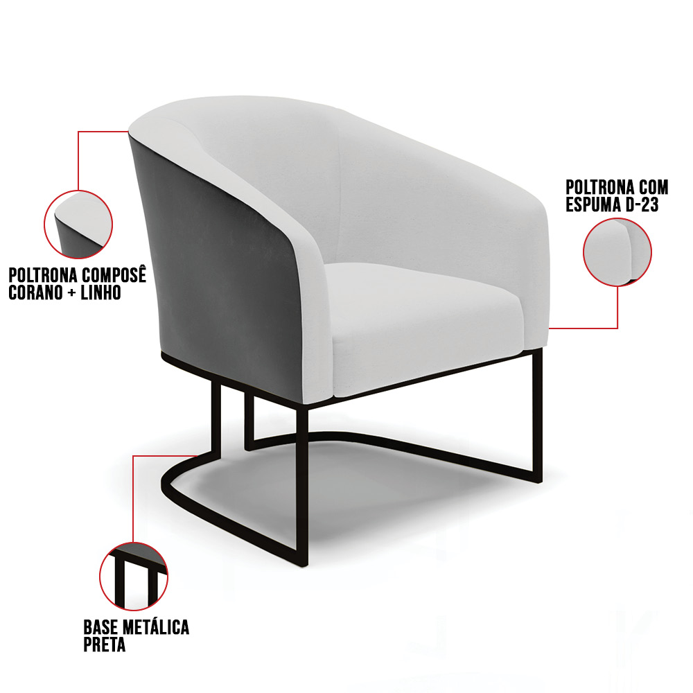 Poltrona Stella Corano Preto com Linho Cinza A05 Base Metálica Industrial Preto - D'Rossi