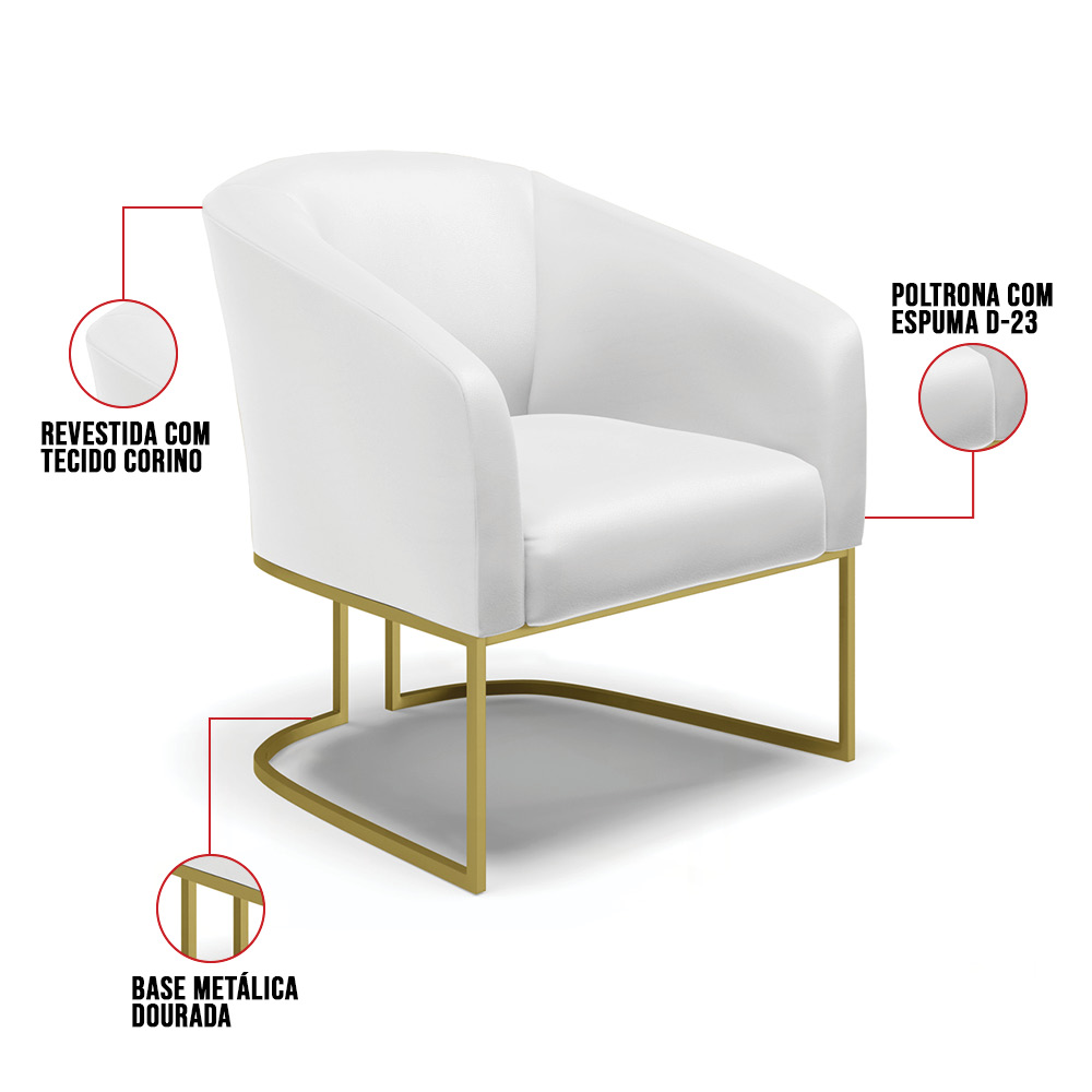 Poltrona Stella Corino Branco Base Metálica Industrial Dourado - D'Rossi