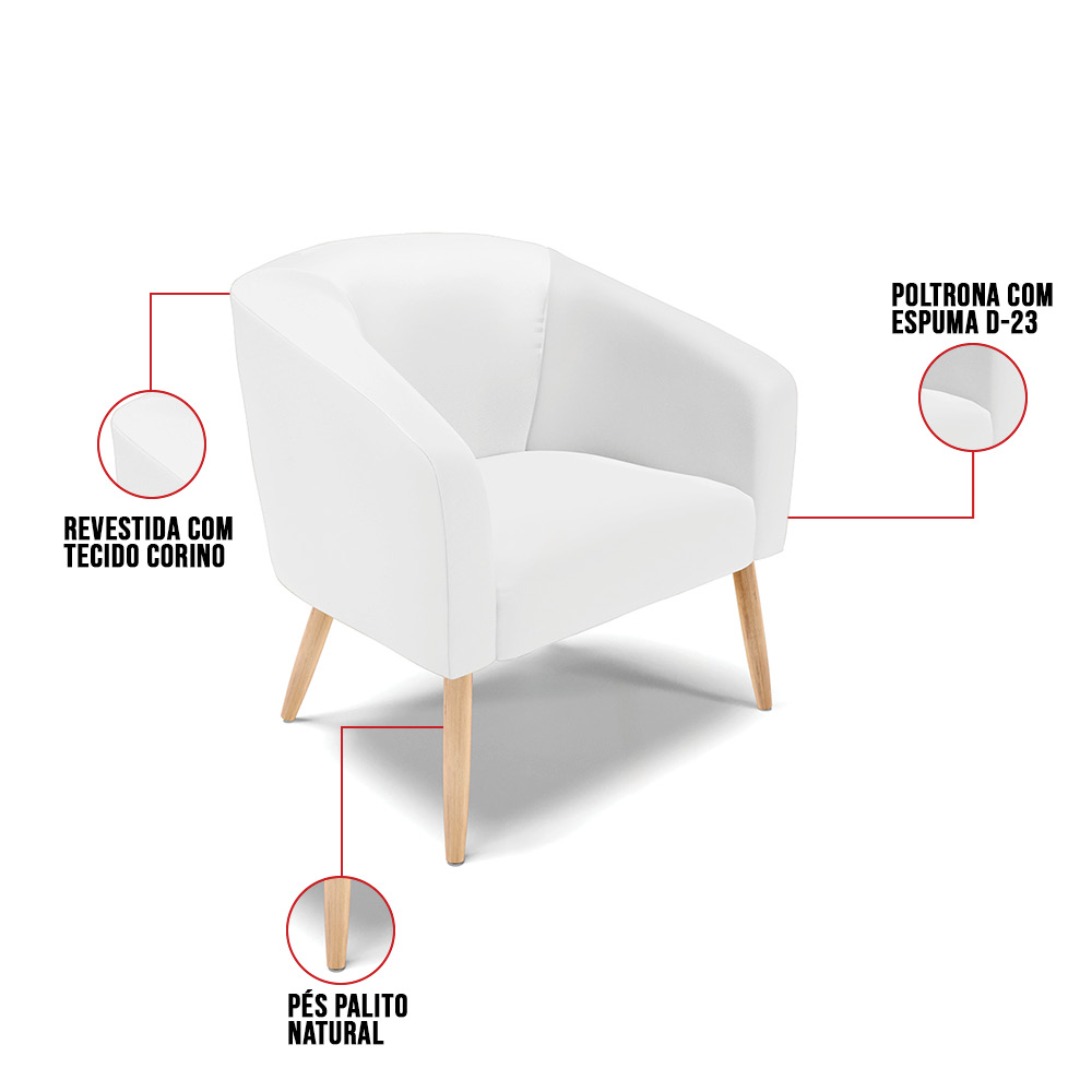 Poltrona Stella Corino Branco Pés Palito Natural - D'Rossi