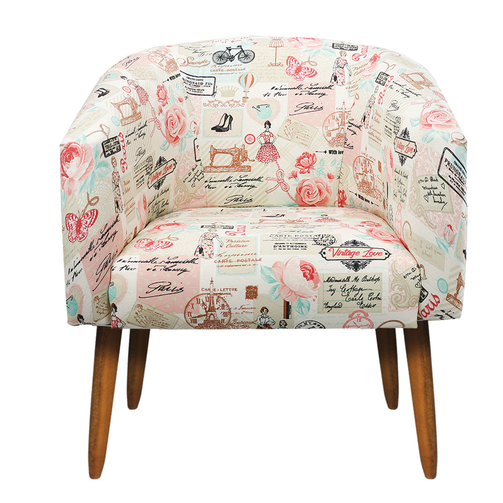 Poltrona Stella Estampado Retrô Rosa D61 Pés Palito Castanho - D'Rossi