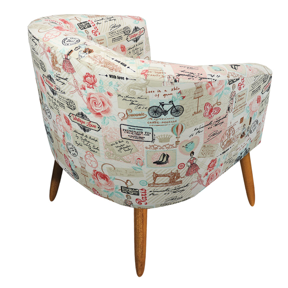 Poltrona Stella Estampado Retrô Rosa D61 Pés Palito Castanho - D'Rossi