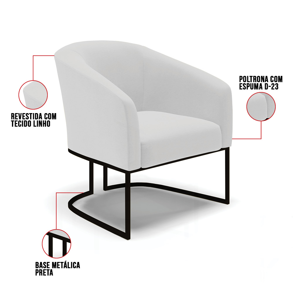 Poltrona Stella Linho Cinza A05 Base Metálica Industrial Preto - D'Rossi