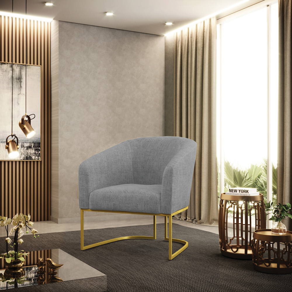 Poltrona Stella Linho Grafite A26 Base Metálica Industrial Dourado - D'Rossi