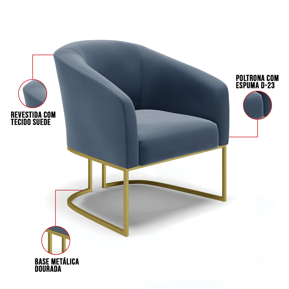 Poltrona Stella Suede Azul Marinho Base Metálica Industrial Dourado - D'Rossi