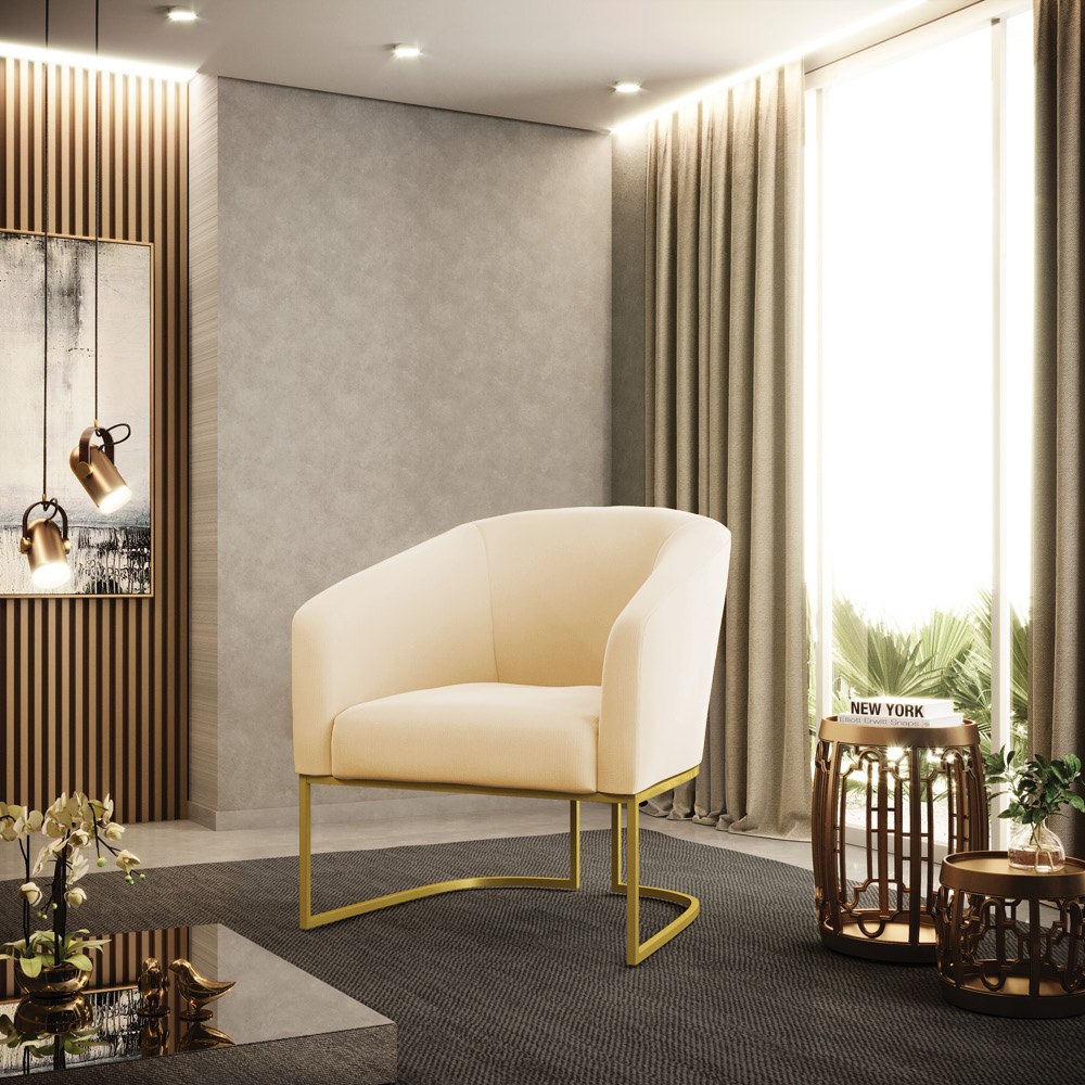 Poltrona Stella Suede Bege Base Metálica Industrial Dourado - D'Rossi
