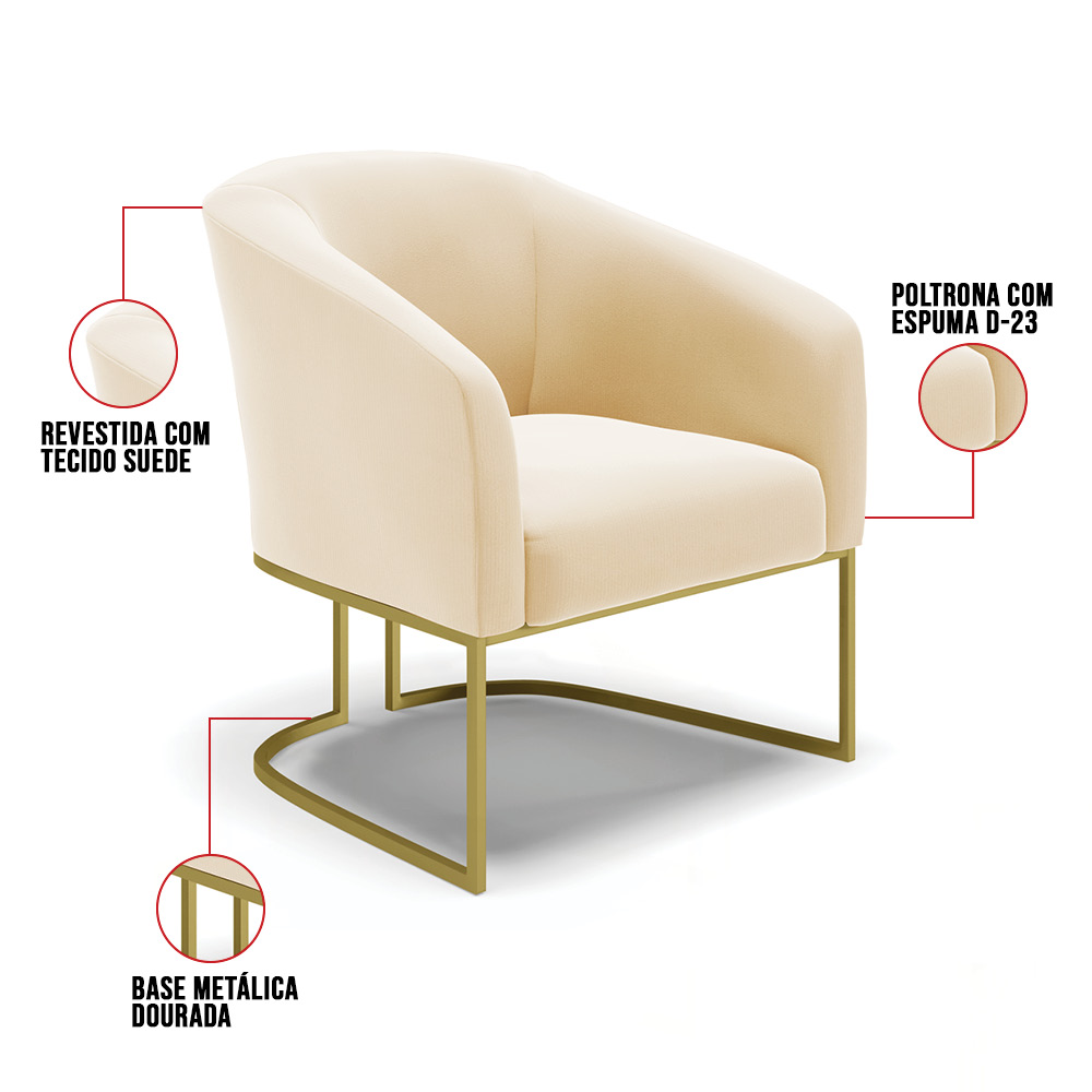 Poltrona Stella Suede Bege Base Metálica Industrial Dourado - D'Rossi