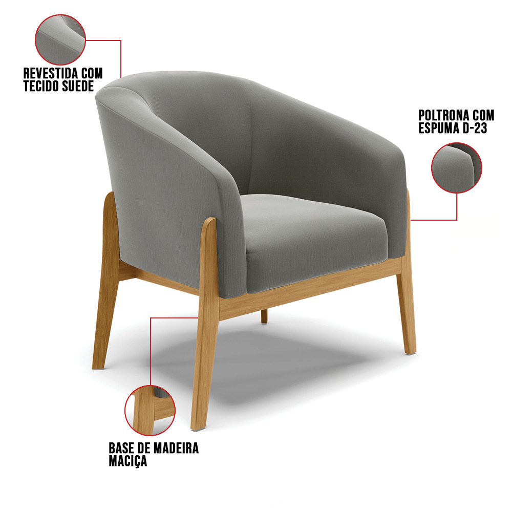 Poltrona Stella Suede Grafite Base Madeira Castanho - D'Rossi