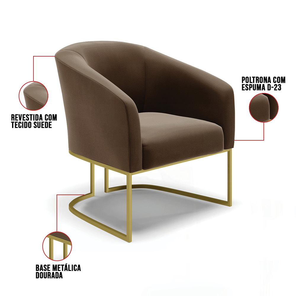 Poltrona Stella Suede Marrom Base Metálica Industrial Dourado - D'Rossi