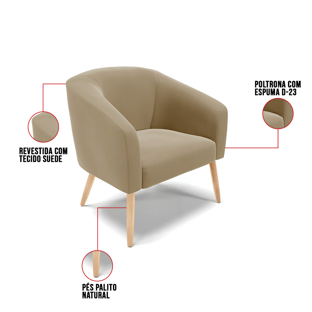 Poltrona Stella Suede Marrom Rato Pés Palito Natural - D'Rossi