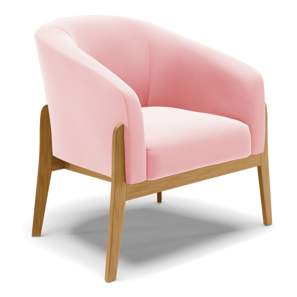 Poltrona Stella Suede Rosa Bebê Base Madeira Castanho - D'Rossi
