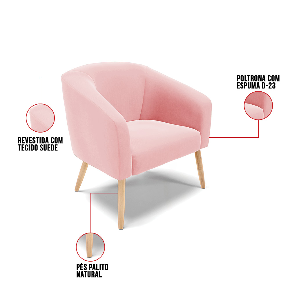 Poltrona Stella Suede Rosa Bebê Pés Palito Natural - D'Rossi