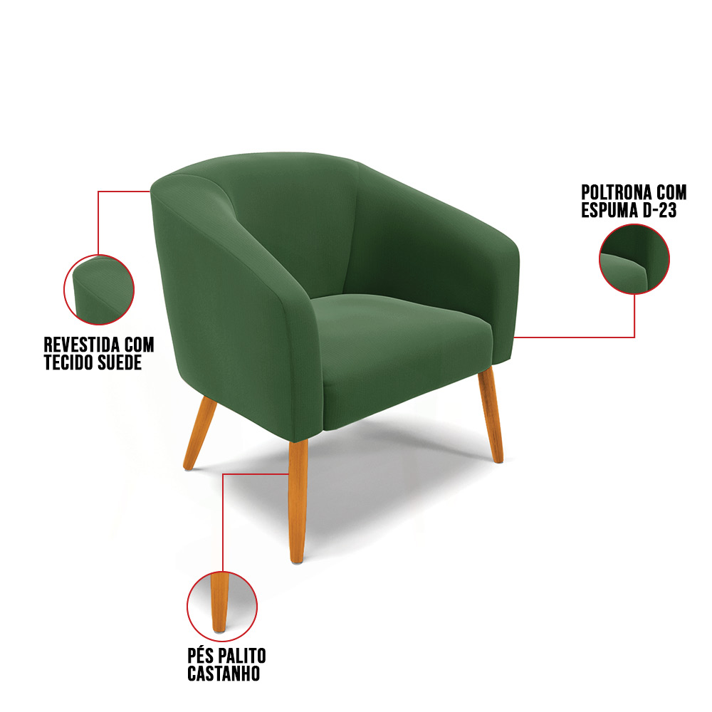 Poltrona Stella Suede Verde Pés Palito Castanho - D'Rossi